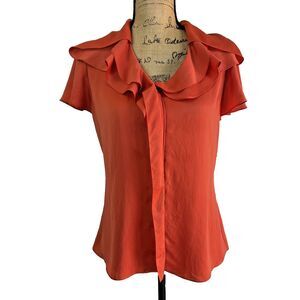 Elie Tahari Women's Orange Ruffle Silk Sleeveless Button Up Blouse Shirt SZ S/M